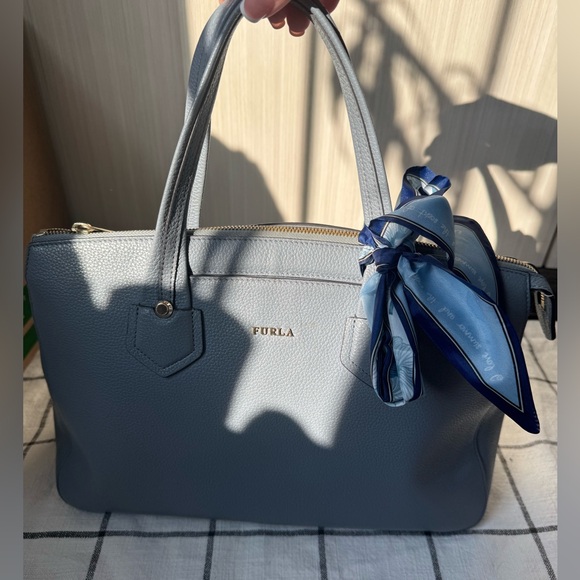 Furla Handbags - Furla Gray Leather Satchel with Blue Scarf